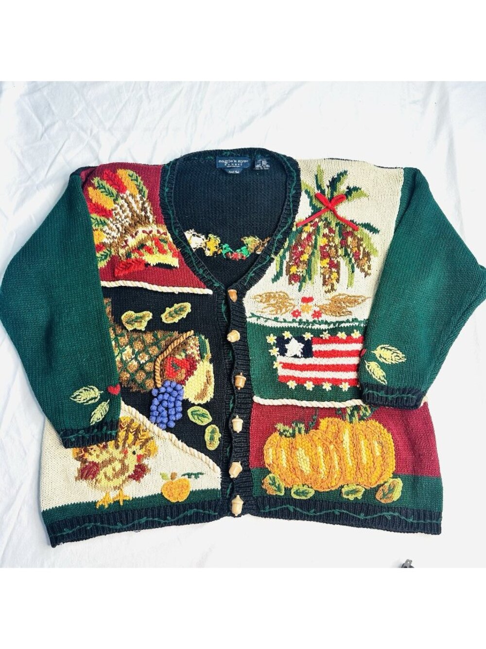 Vtg Eagle’s Eye Hand Knit Fall Cardigan Sweater Thanksgiving Harvest Patch Sz 1X